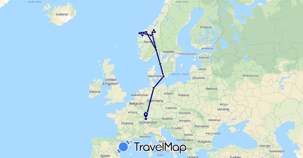TravelMap itinerary: driving in Switzerland, Germany, Norway, Sweden (Europe)